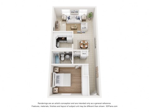 Floor plan for 1 bed, 1 bath, 600 sqft